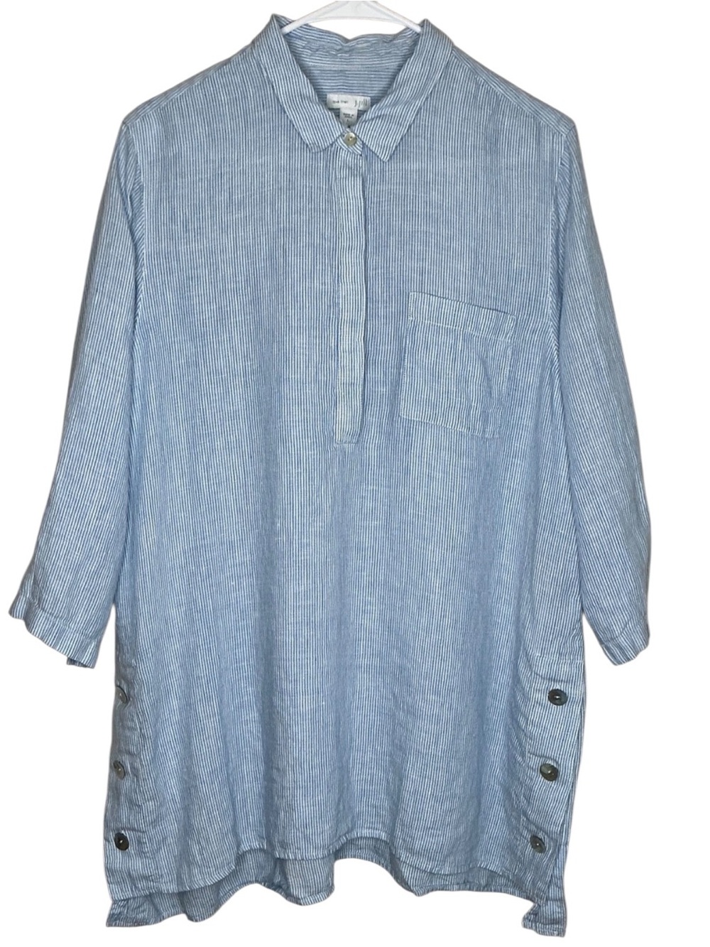 J. Jill Light Blue & White Striped Linen Tunic Top Button Side Hem Women's L